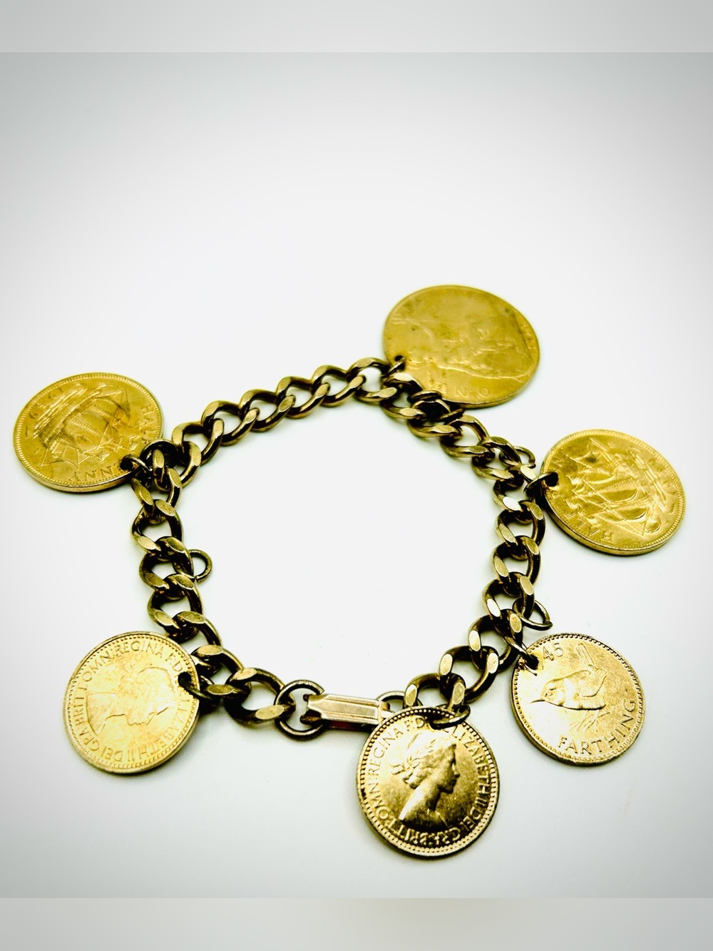 Vintage Queen Elizabeth II British Royal Family King George Coin Charm Bracele